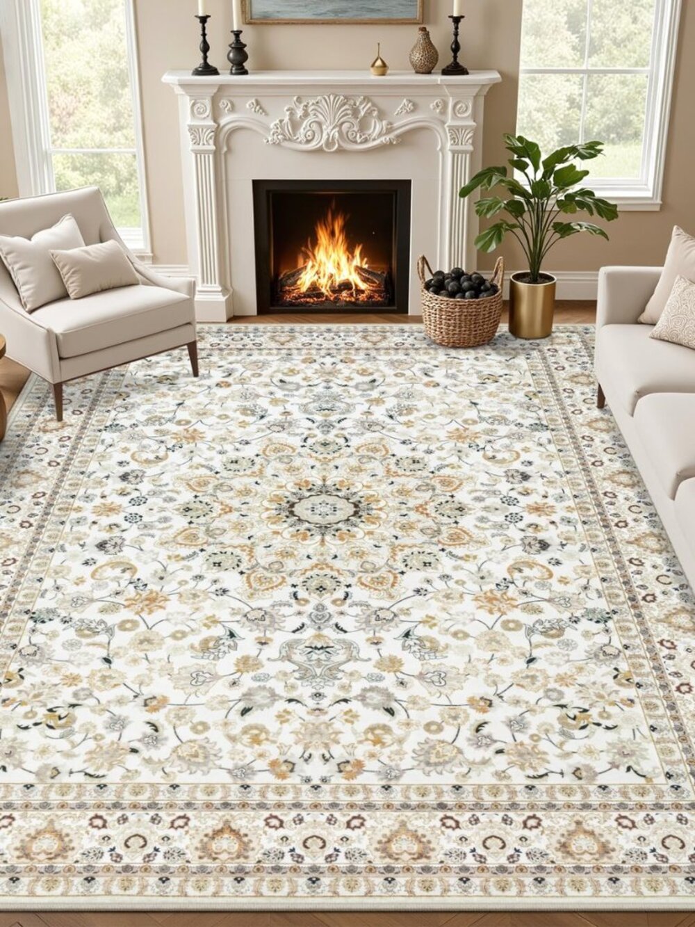 5x7 Area Rugs Living Room: Washable Vintage Rug for Bedroom Beige